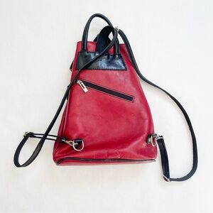 Vera Pelle Genuine Italian Leather Red & Black Convertible Backpack Sling Bag